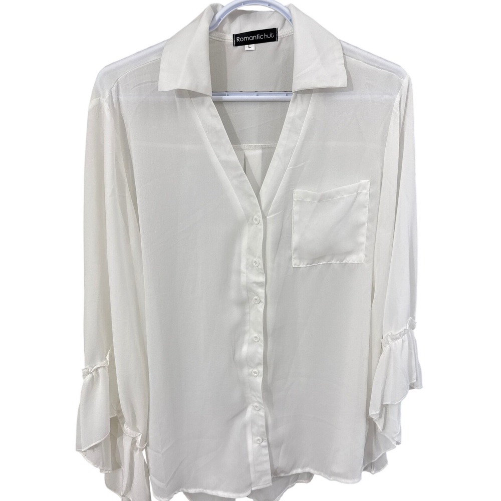 Romantic Hut White Chiffon Ruffle Bell Sleeve Button Down Blouse Top Large